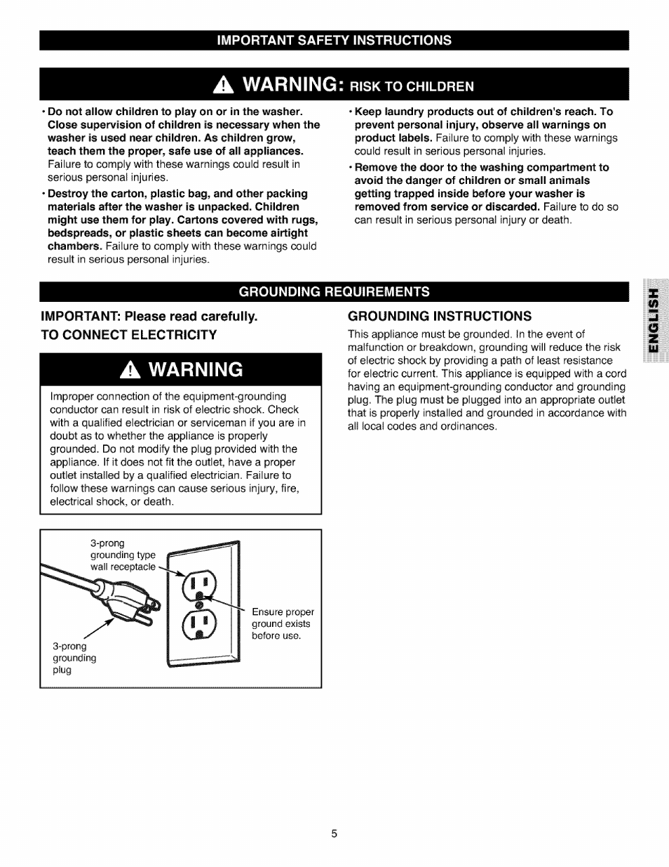 Important safety instructions, A warning : risk to children, Grounding requirements | Grounding instructions, Warning | Kenmore 796.4027 User Manual | Page 5 / 29