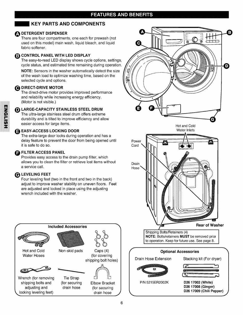 Detergent dispenser, 0 large-capacity stainless steel drum, 0 easy-access locking door | 0 filter access panel, 0 leveling feet, Included accessories, Qpljq^al accessories | Kenmore 796.4027 User Manual | Page 6 / 29