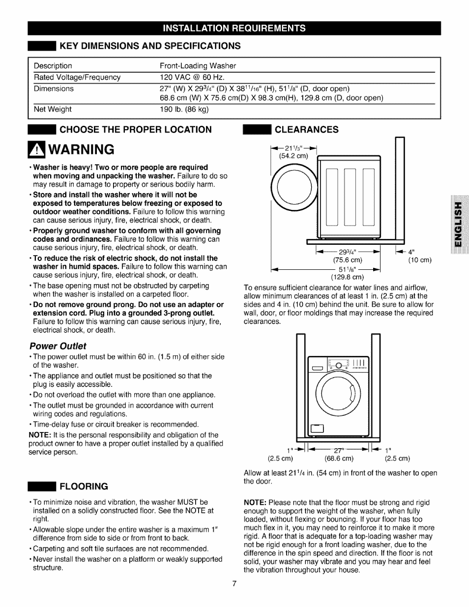 Choose the proper location, Flooring, Clearances | Warning, Power outlet | Kenmore 796.4027 User Manual | Page 7 / 29