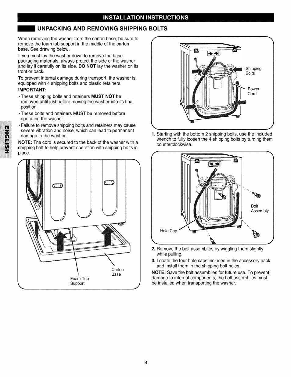 Unpacking and removing shipping bolts, Unpacking anc removing shipping bolts | Kenmore 796.4027 User Manual | Page 8 / 29