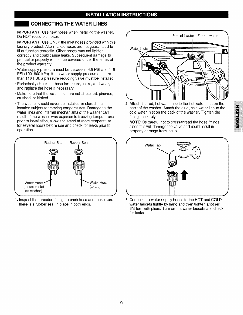 Connecting the water lines | Kenmore 796.4027 User Manual | Page 9 / 29