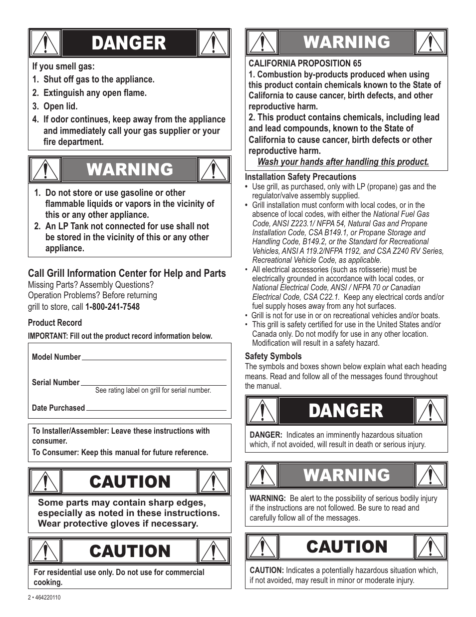 Danger, Caution, Warning | Kenmore 415.1612801 User Manual | Page 2 / 28