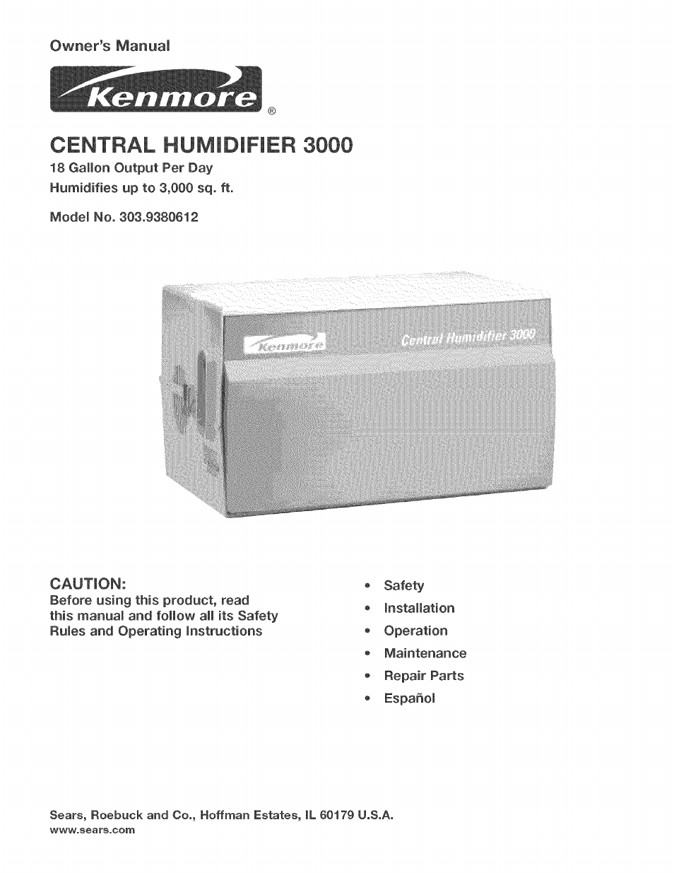 Kenmore CENTRAL HUMIDIFIER 303.9380612 User Manual | 18 pages