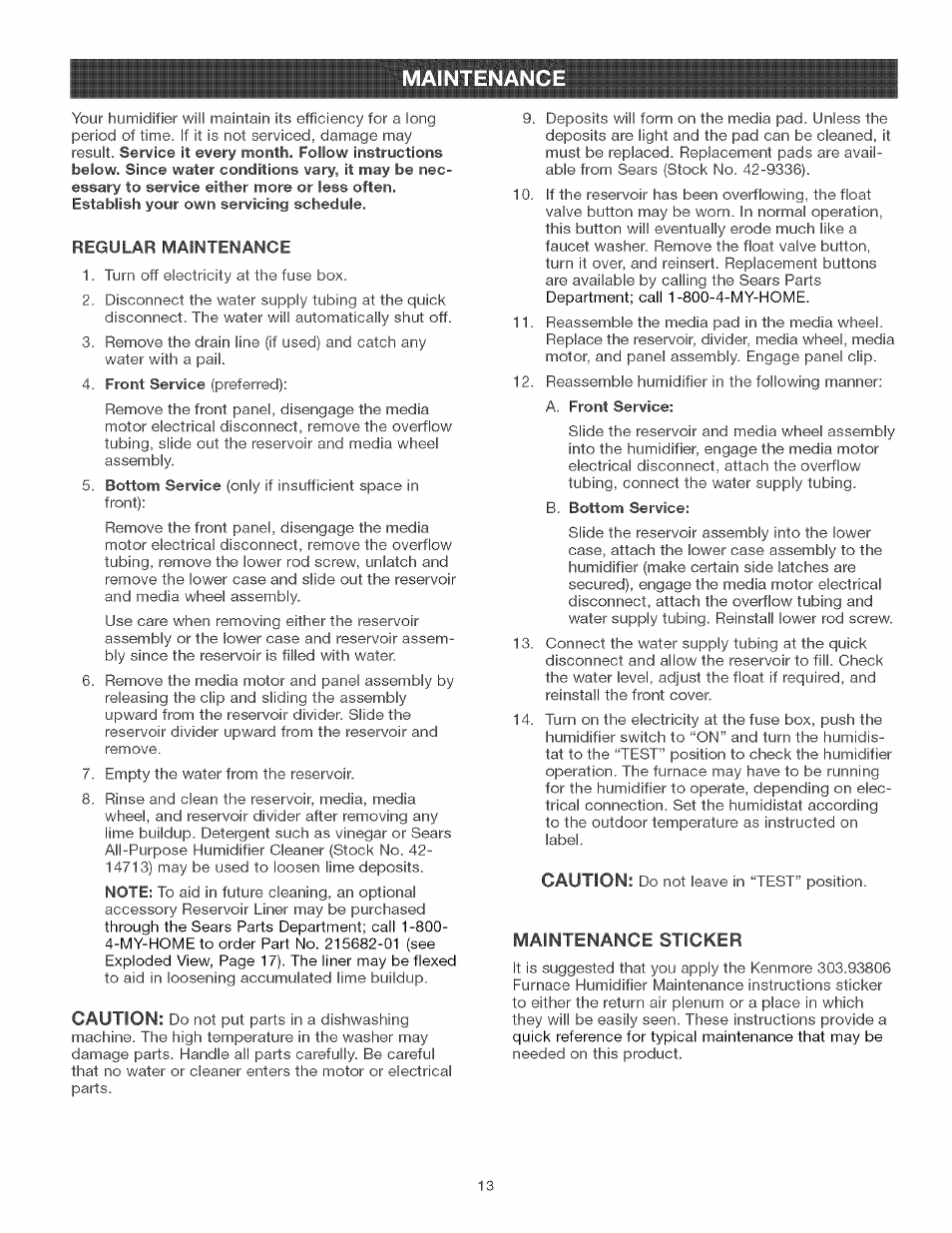 Aintenanc | Kenmore CENTRAL HUMIDIFIER 303.9380612 User Manual | Page 13 / 18
