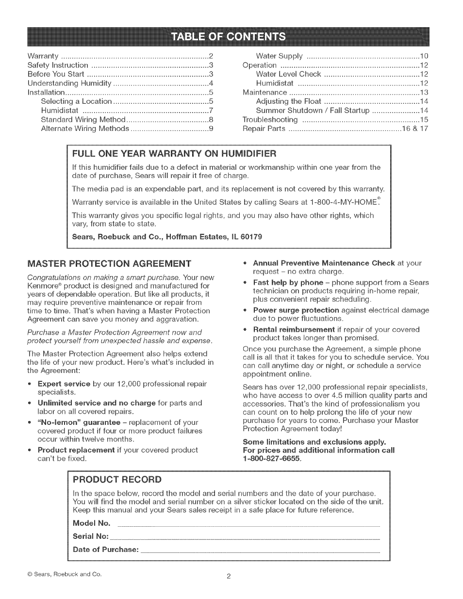 Ble of content | Kenmore CENTRAL HUMIDIFIER 303.9380612 User Manual | Page 2 / 18