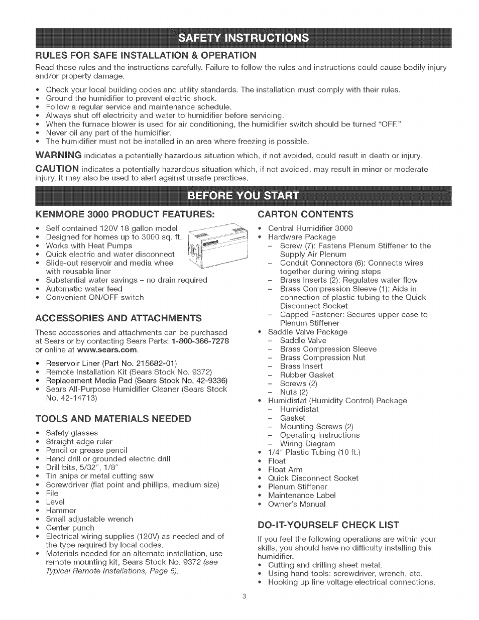 Before you sta, Safety instruction | Kenmore CENTRAL HUMIDIFIER 303.9380612 User Manual | Page 3 / 18