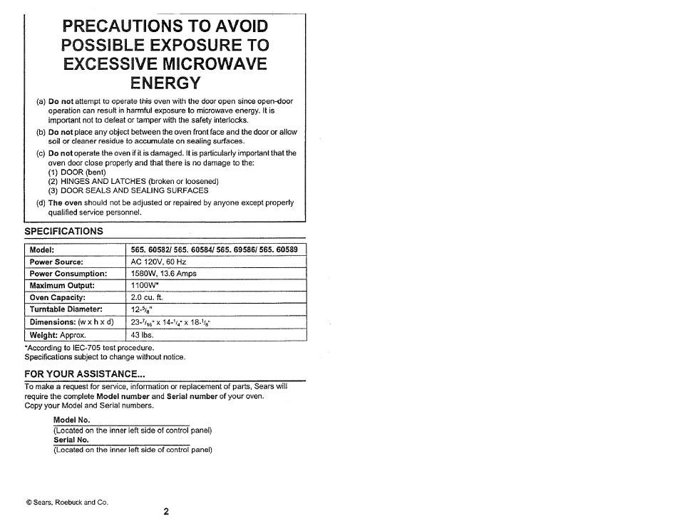 Model no | Kenmore 565.60584 User Manual | Page 2 / 33