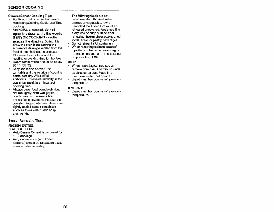 General sensor cooking tips, Frozen entree plate of food | Kenmore 565.60584 User Manual | Page 20 / 33