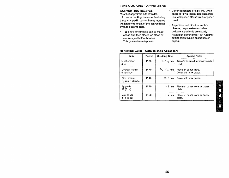 Reheating guide - convenience appetizers | Kenmore 565.60584 User Manual | Page 25 / 33