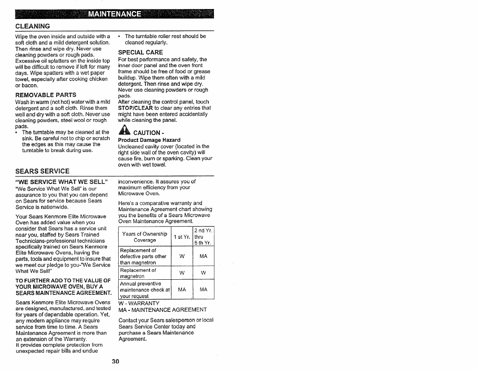 Removable parts, Special care, A caution | Product damage hazard, We service what we sell, Maintenance cleaning, Sears service | Kenmore 565.60584 User Manual | Page 30 / 33