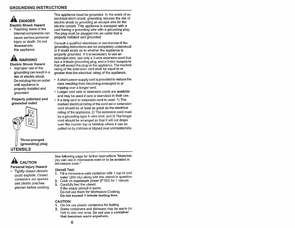 Utensil test, Utensils, Grounding instructions | Danger | Kenmore 565.60584 User Manual | Page 6 / 33