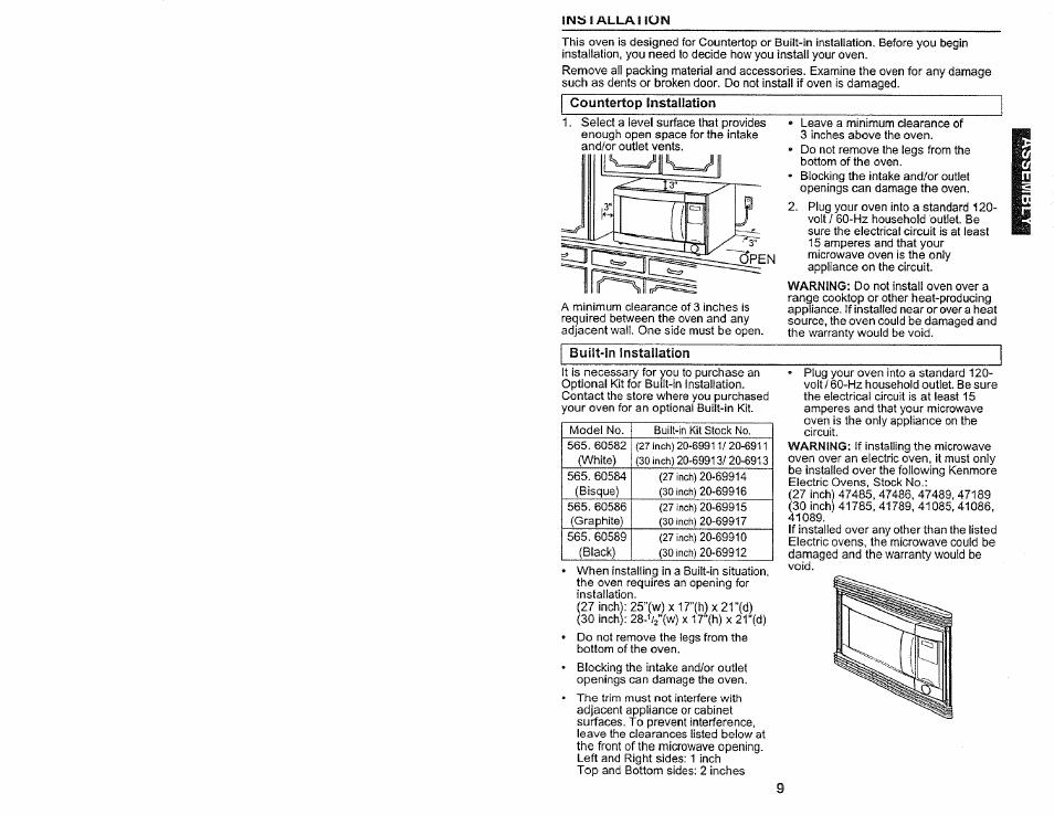 Countertop installation, Built-in installation | Kenmore 565.60584 User Manual | Page 9 / 33