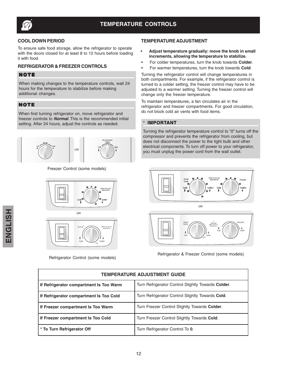 English, Temperature controls | Kenmore 241815202 User Manual | Page 12 / 21