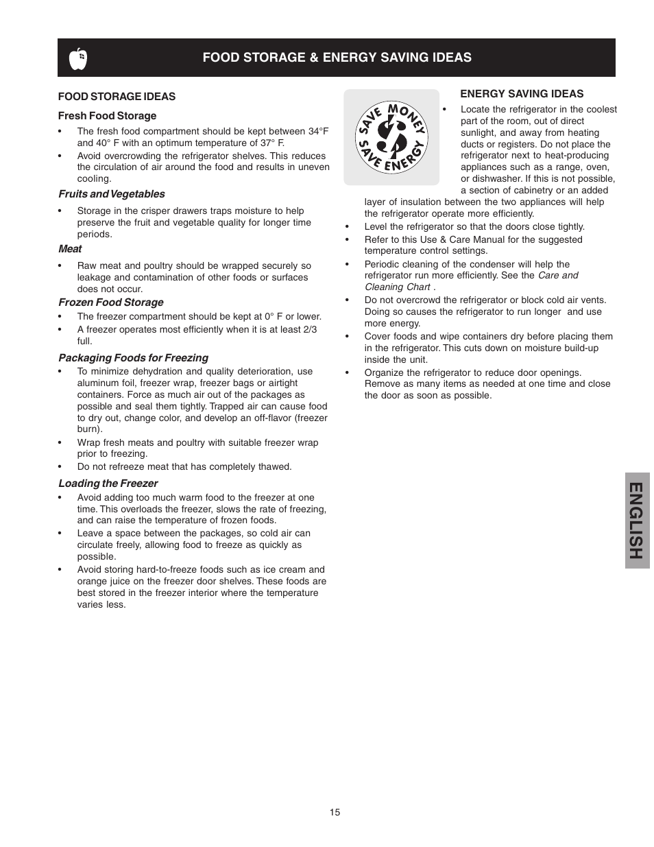 English, Food storage & energy saving ideas | Kenmore 241815202 User Manual | Page 15 / 21