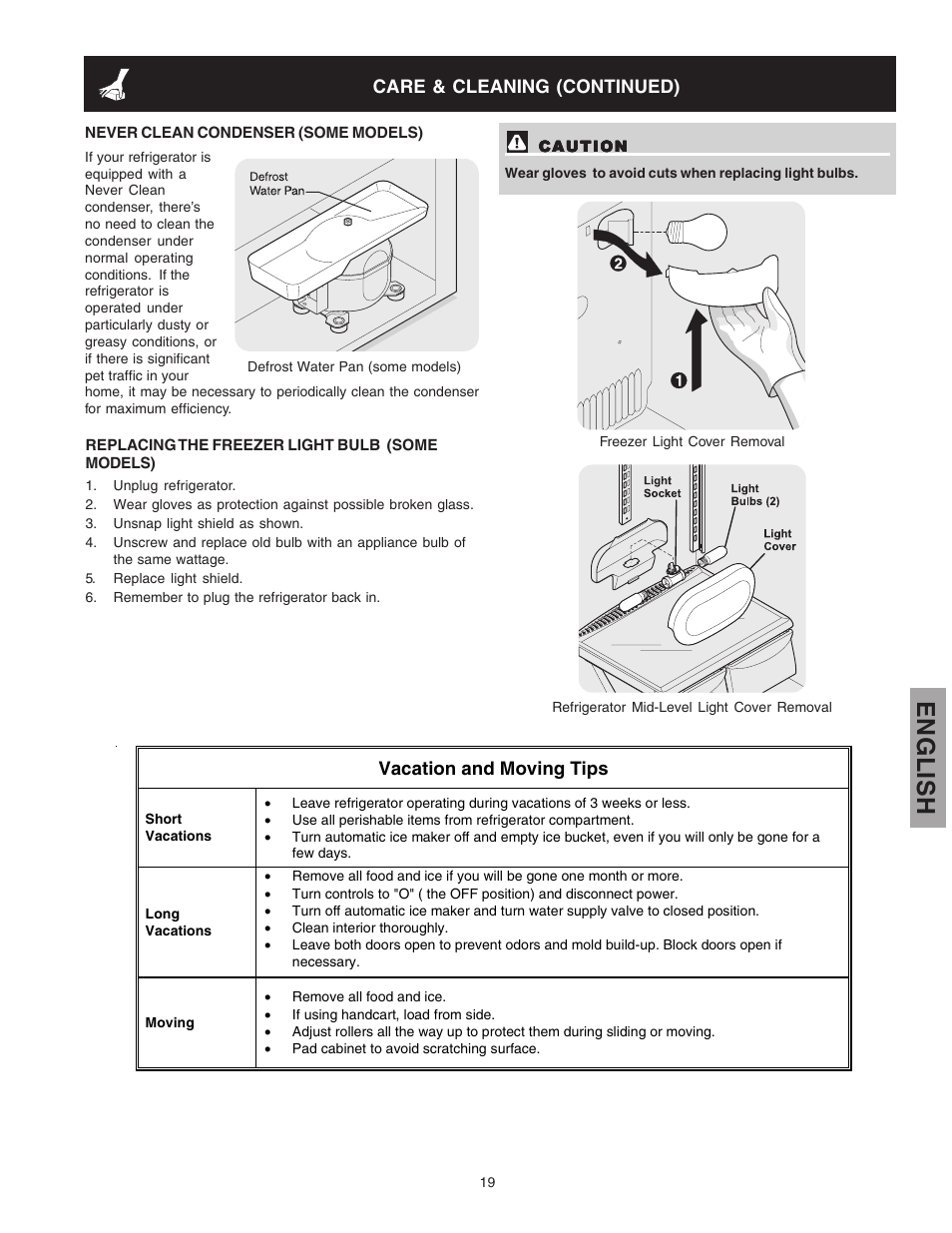 English, Care & cleaning (continued), Vacation and moving tips | Kenmore 241815202 User Manual | Page 19 / 21