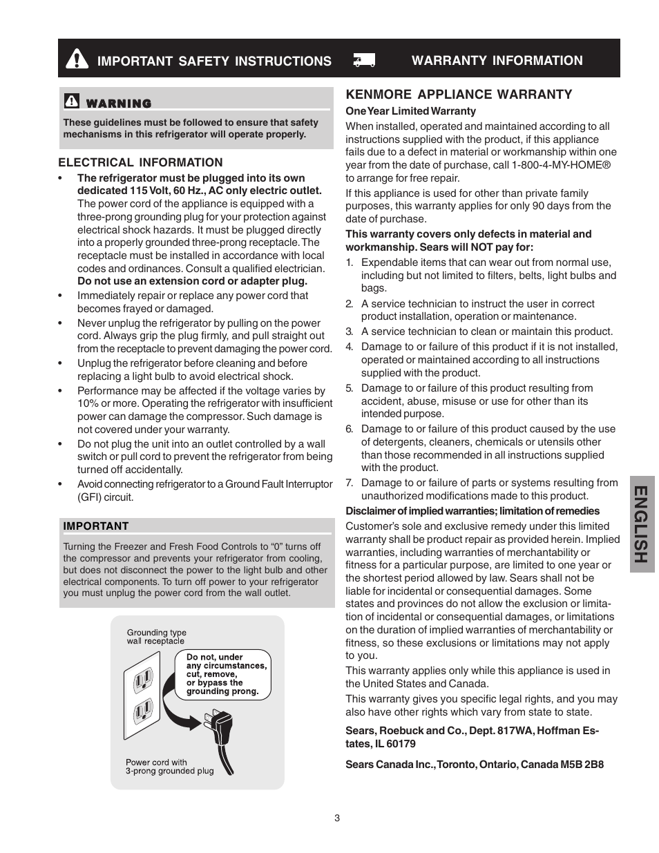 English | Kenmore 241815202 User Manual | Page 3 / 21