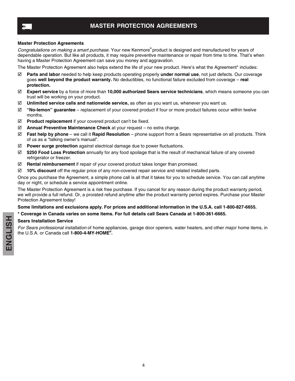 English, Master protection agreements | Kenmore 241815202 User Manual | Page 4 / 21