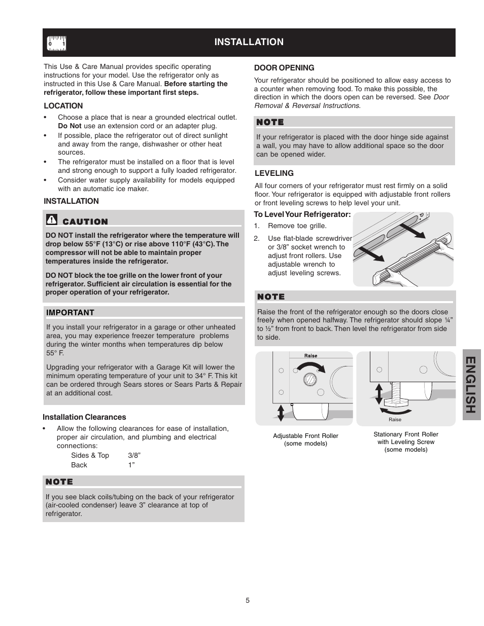 English, Installation | Kenmore 241815202 User Manual | Page 5 / 21
