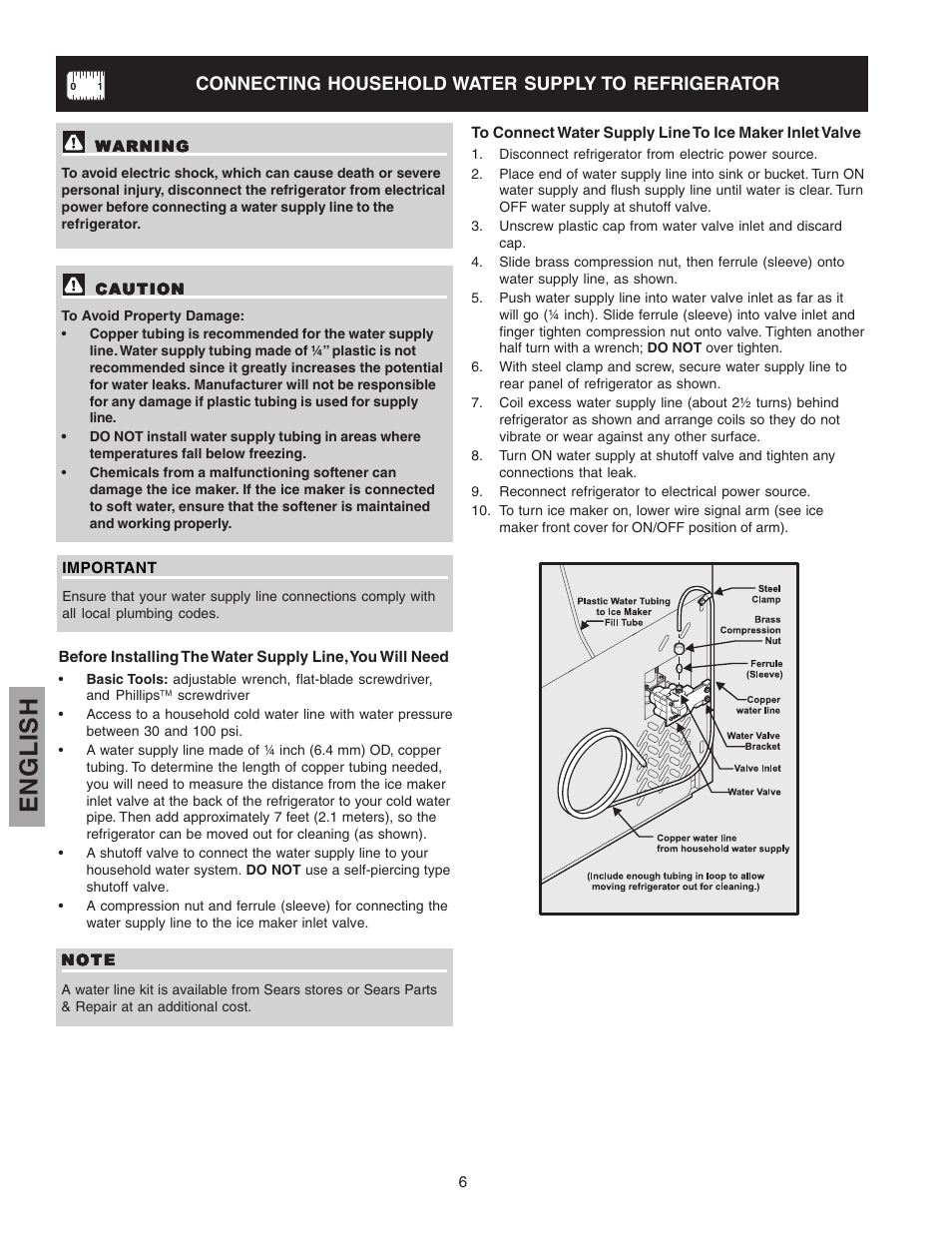 English, Connecting household water supply to refrigerator | Kenmore 241815202 User Manual | Page 6 / 21
