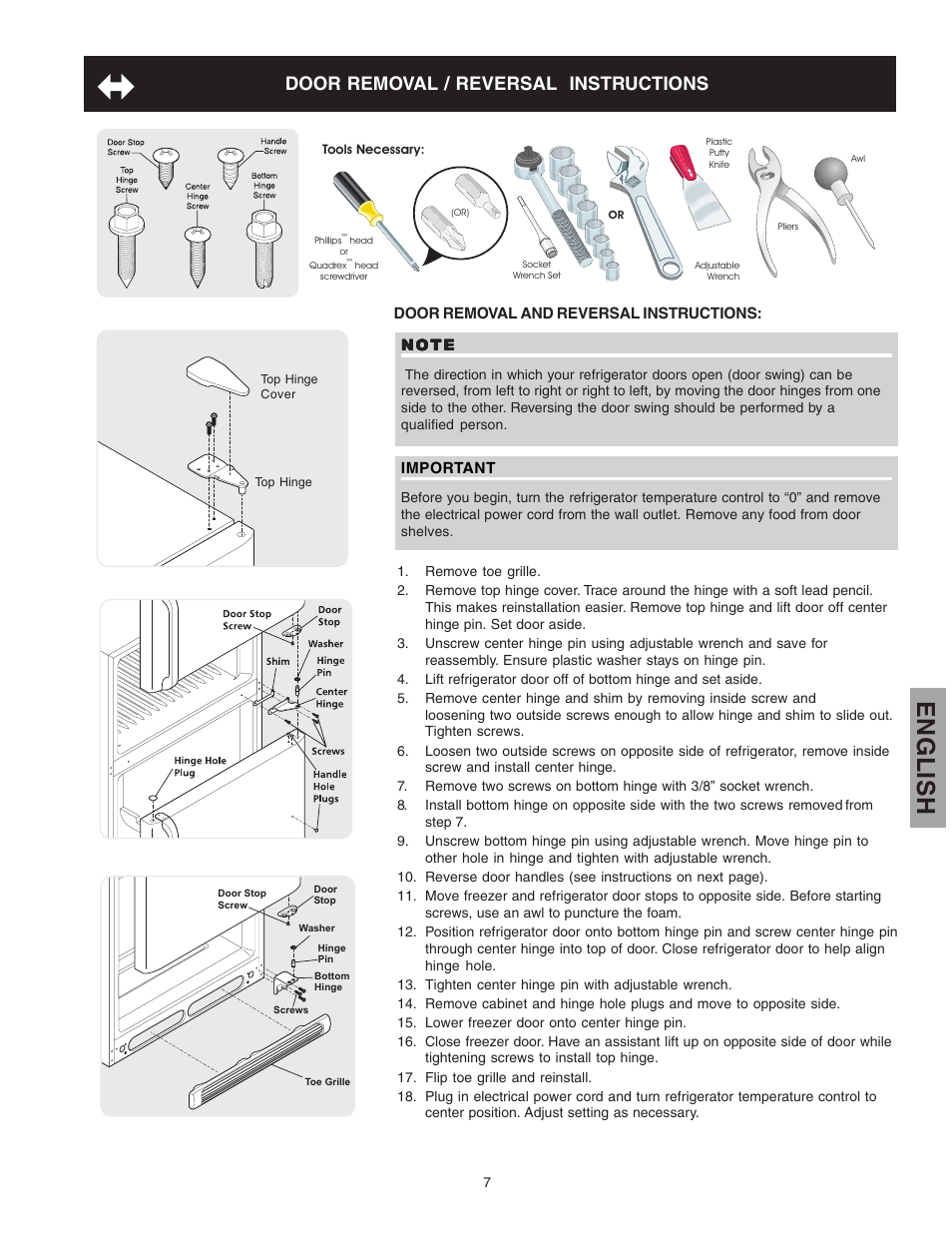 English, Door removal / reversal instructions | Kenmore 241815202 User Manual | Page 7 / 21