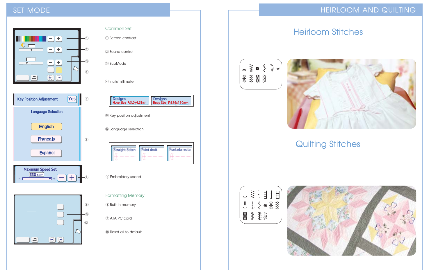 Quilting stitches heirloom stitches, Heirloom and quilting, Set mode | Kenmore ELITE 19005 User Manual | Page 4 / 6