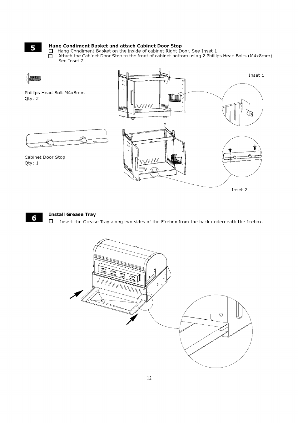 Hang condiment basket and attach cabinet door stop, Instaii grease tray | Kenmore 119.16312800 User Manual | Page 12 / 31