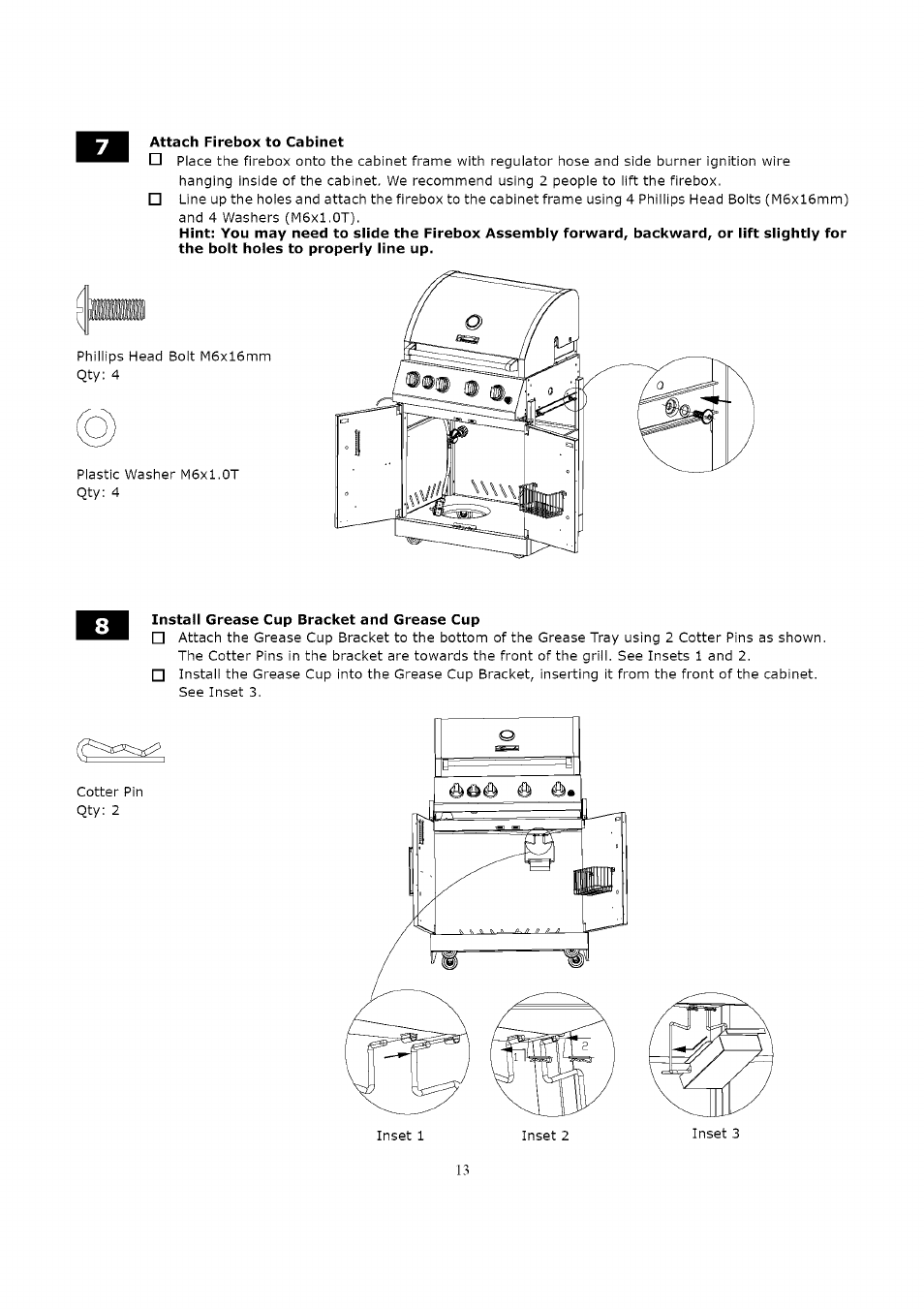 Attach firebox to cabinet, Install grease cup bracket and grease cup | Kenmore 119.16312800 User Manual | Page 13 / 31