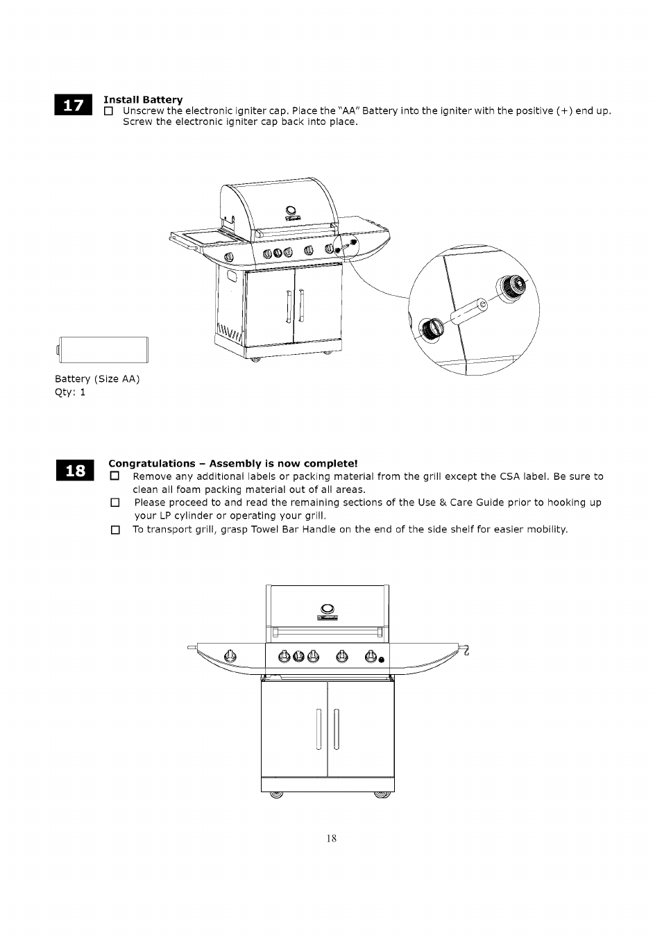 Install battery, Congratulations - assembly is now compiete | Kenmore 119.16312800 User Manual | Page 18 / 31