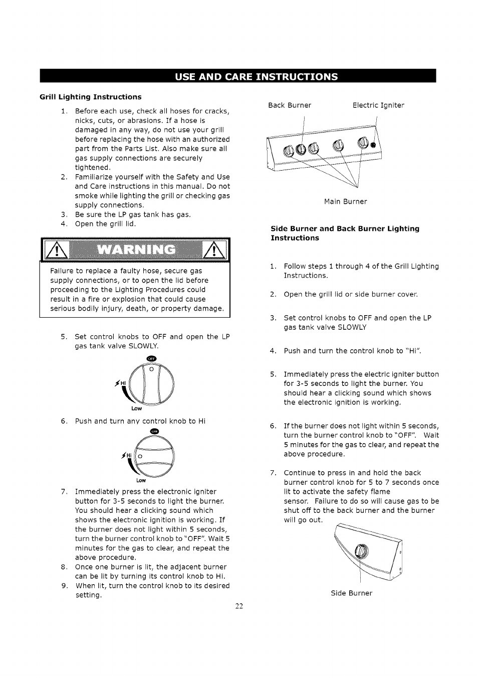 Side burner and back burner lighting instructions | Kenmore 119.16312800 User Manual | Page 22 / 31