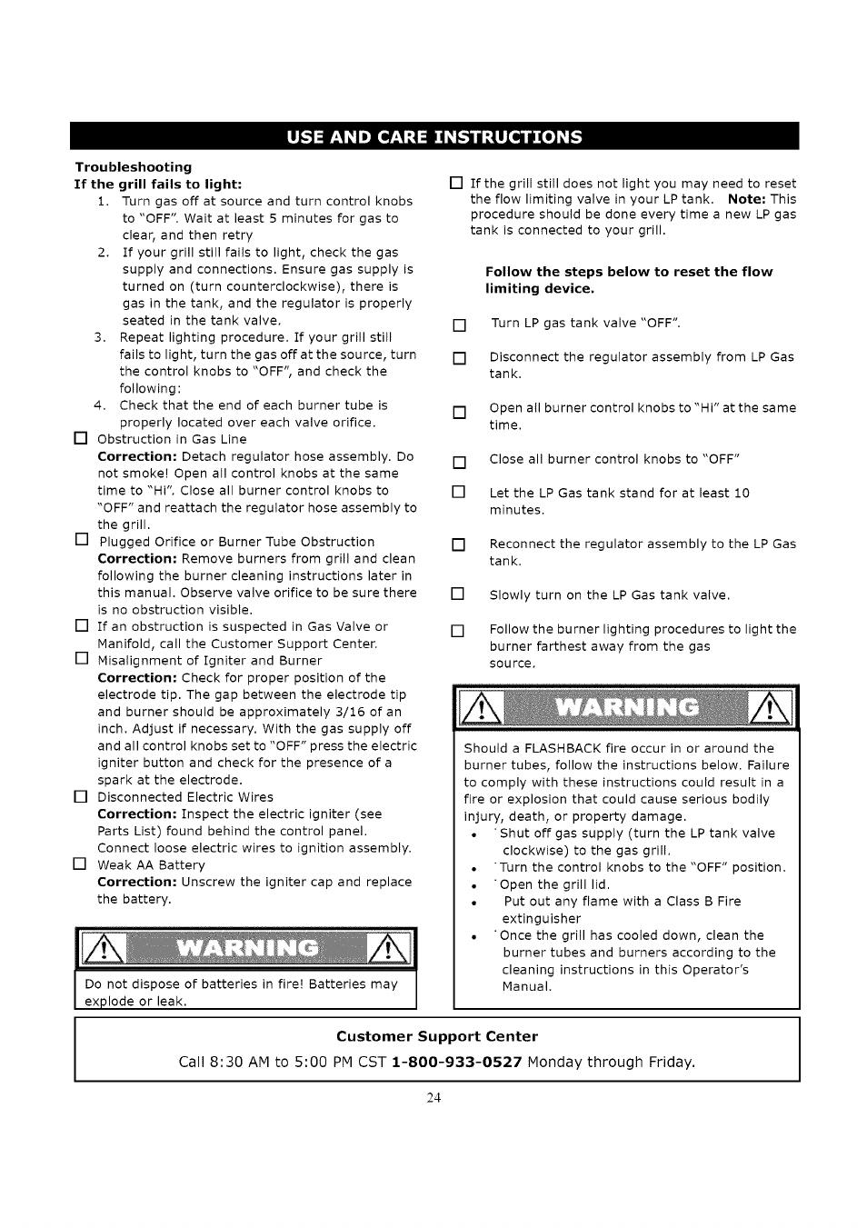 Troubleshooting if the grill fails to light | Kenmore 119.16312800 User Manual | Page 24 / 31