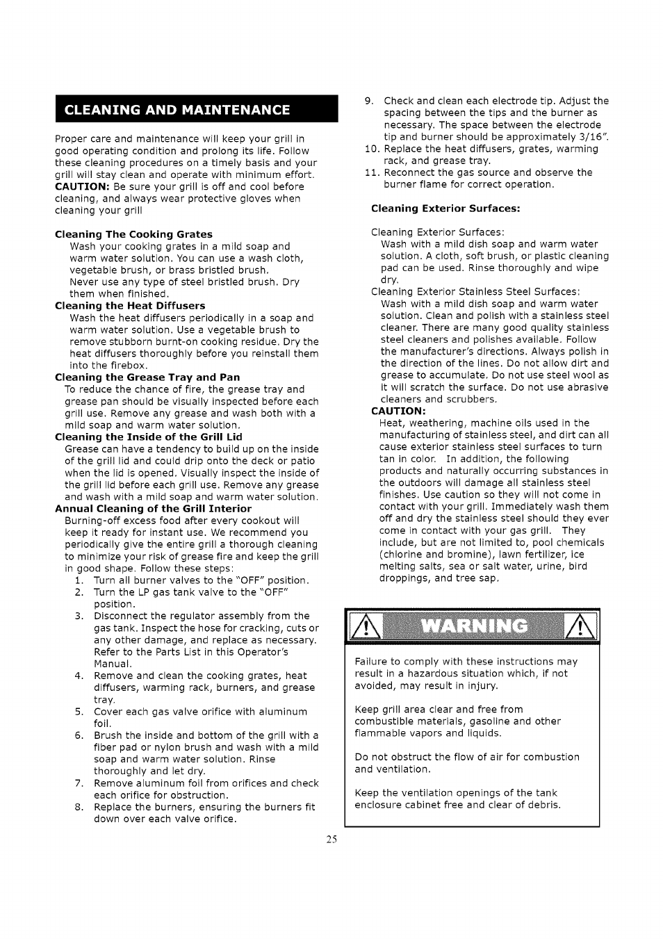 Cleaning the cooking grates, Cleaning exterior surfaces, Caution | Kenmore 119.16312800 User Manual | Page 25 / 31