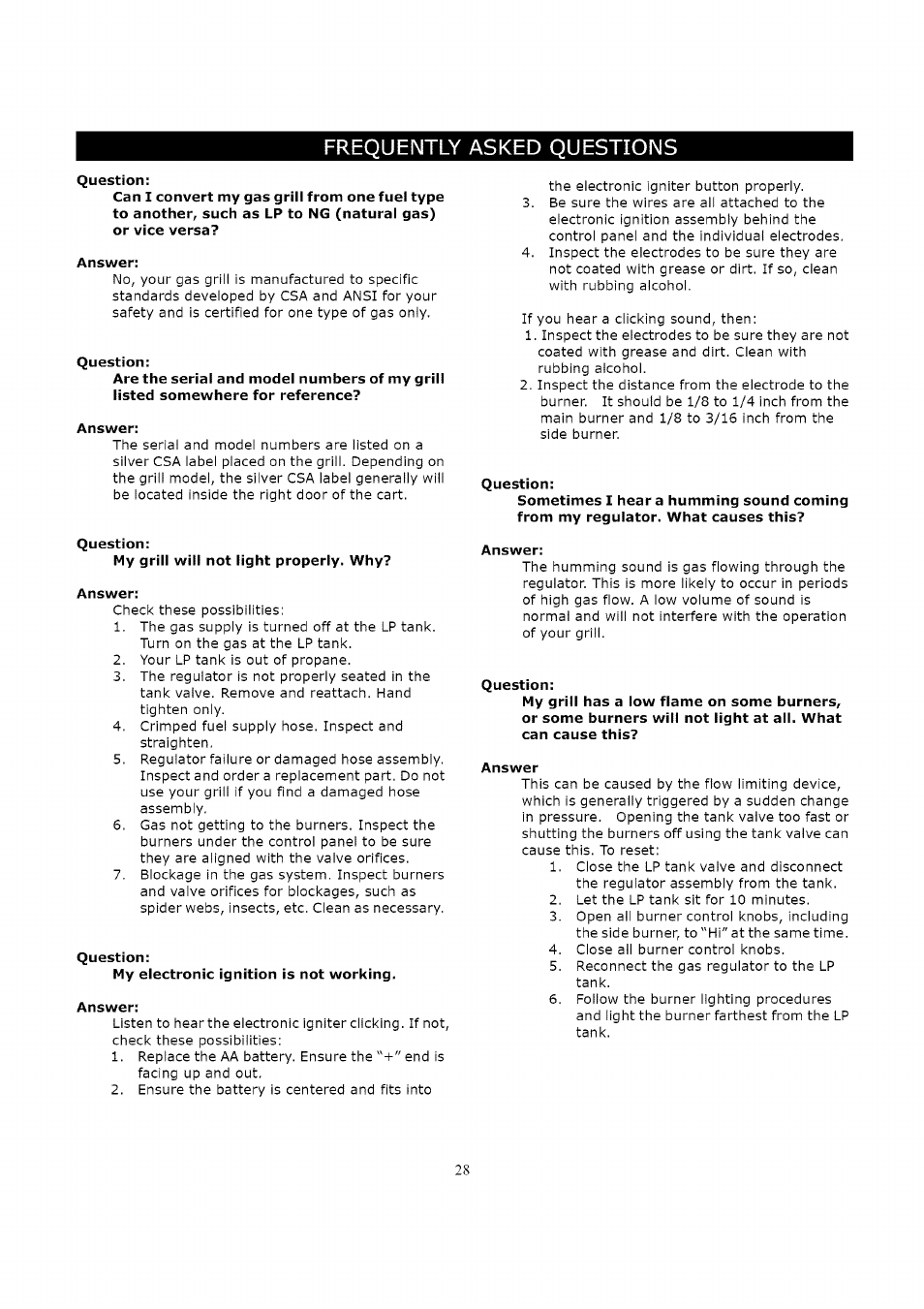 Question, Answer, Frequently asked questions | Kenmore 119.16312800 User Manual | Page 28 / 31