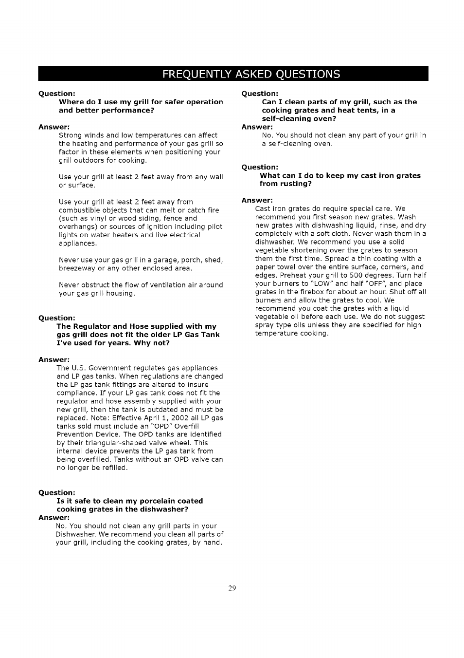 Question, Answer, Frequently asked questions | Kenmore 119.16312800 User Manual | Page 29 / 31