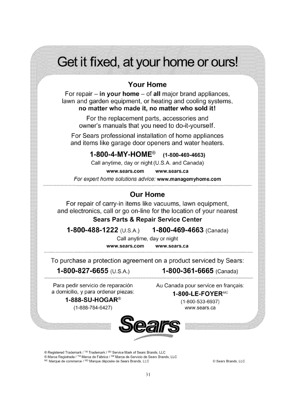 Get it fixed, at your home or ours, Your home for repair, It, no | Parts, Who made, Matter who sold it, Sears, Repair service center | Kenmore 119.16312800 User Manual | Page 31 / 31