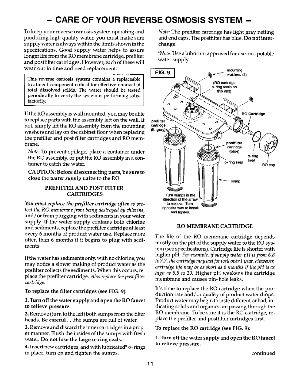 Care of your reverse osmosis system | Kenmore 625.3847 User Manual | Page 11 / 20