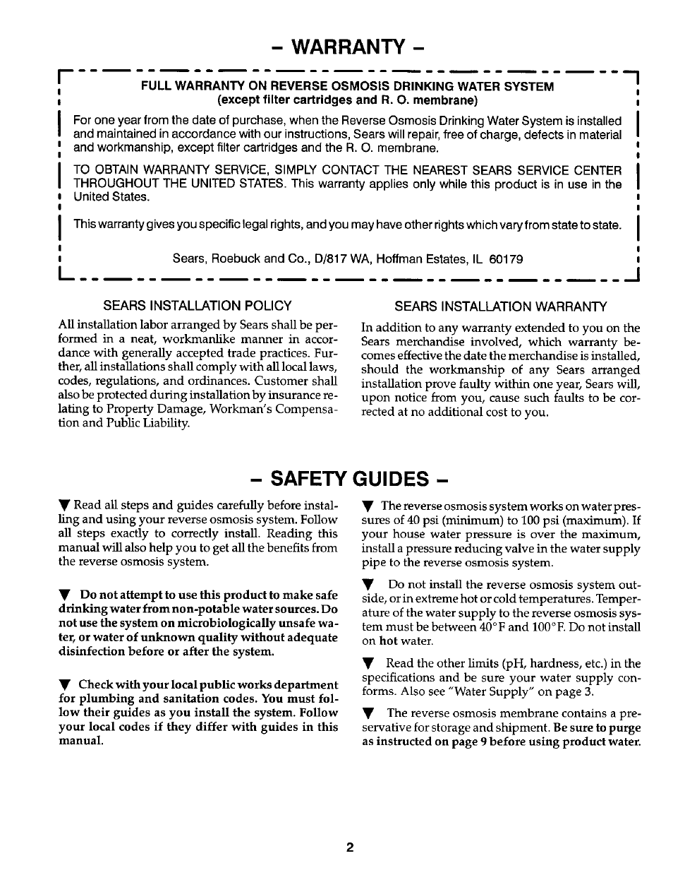 Warranty, Sears installation policy, Sears installation warranty | Safety guides | Kenmore 625.3847 User Manual | Page 2 / 20