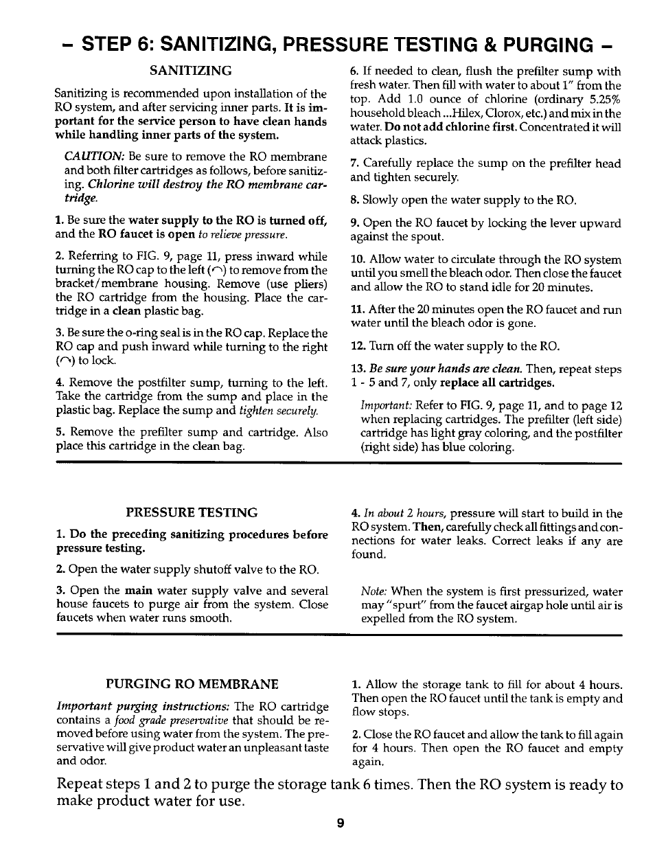 Sanitizing, Pressure testing, Purging ro membrane | Step 6: sanitizing, pressure testing & purging | Kenmore 625.3847 User Manual | Page 9 / 20