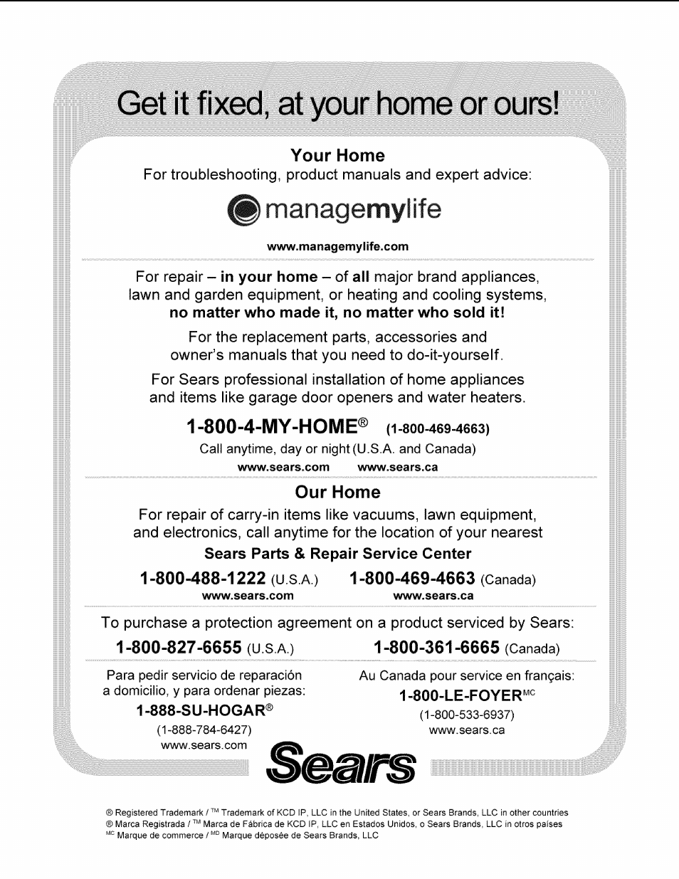 Get it fixed, at your home or ours, Managemylife | Kenmore 415.1615111 User Manual | Page 28 / 28