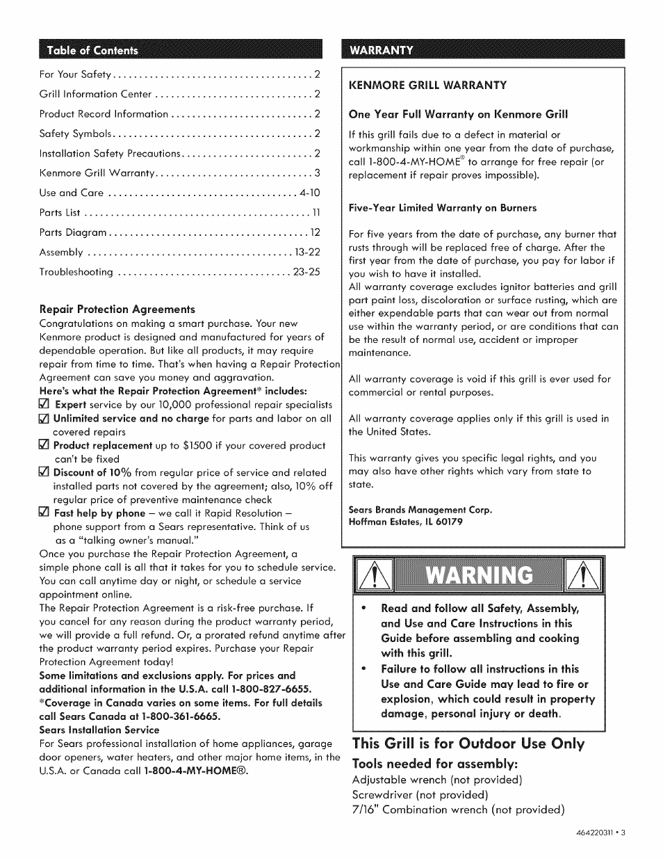 This grill is for outdoor use only, Safety, Tools needed for assembly | Kenmore 415.1615111 User Manual | Page 3 / 28