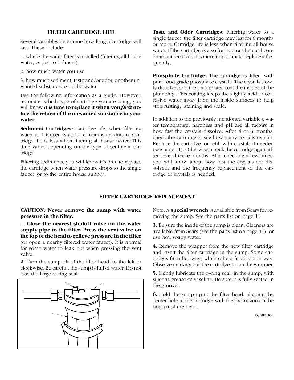 Filter cartridge / useful life / replacement | Kenmore 625.343400 User Manual | Page 9 / 12