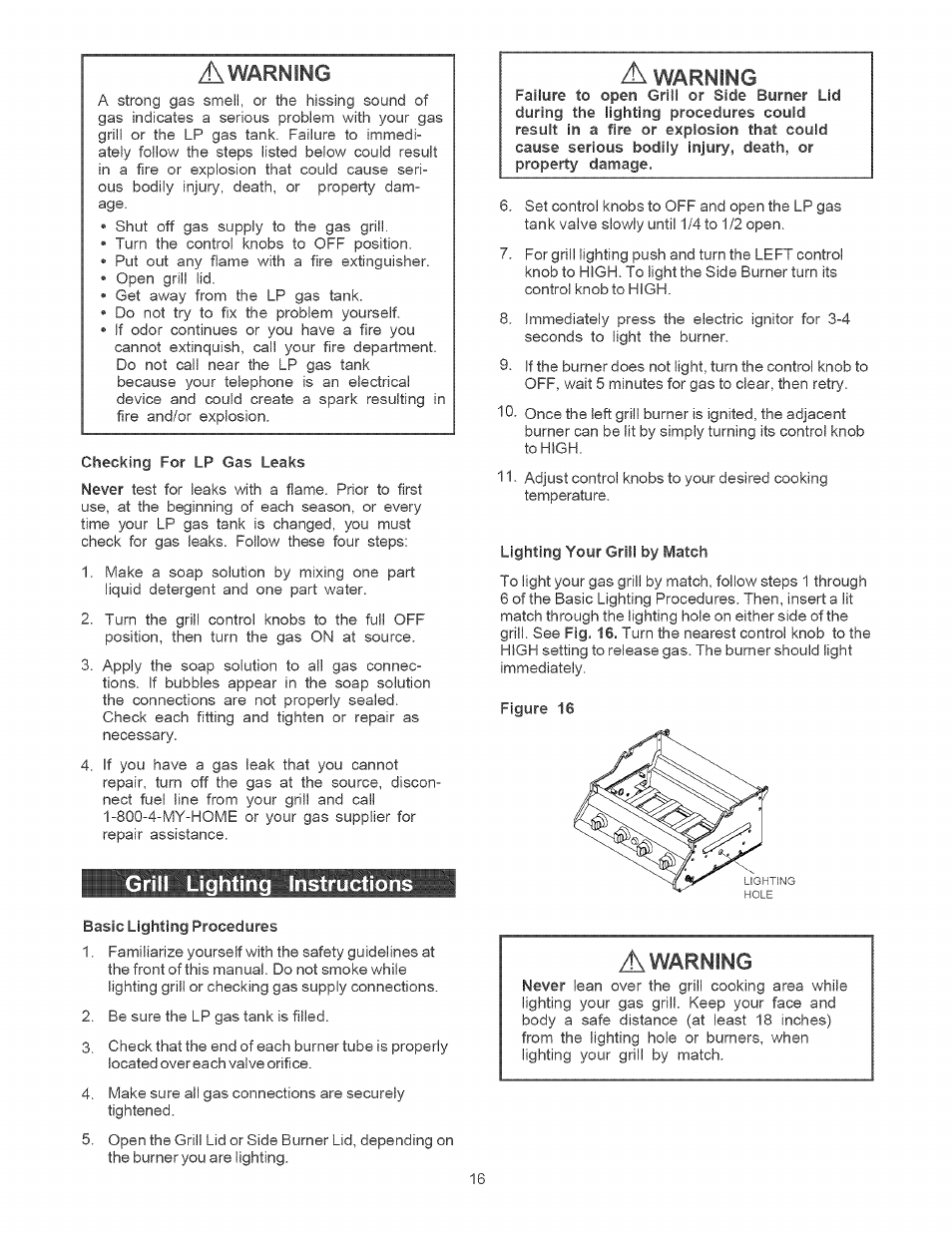 Grill lighting instructions, Warning | Kenmore 141.1664 User Manual | Page 16 / 33