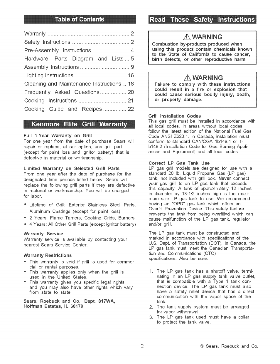 Read these safety instructions, Kenmore elite grill warranty, A warning | Kenmore 141.1664 User Manual | Page 2 / 33