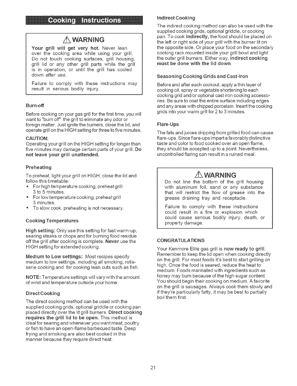 Cooking instructions, Warning | Kenmore 141.1664 User Manual | Page 21 / 33