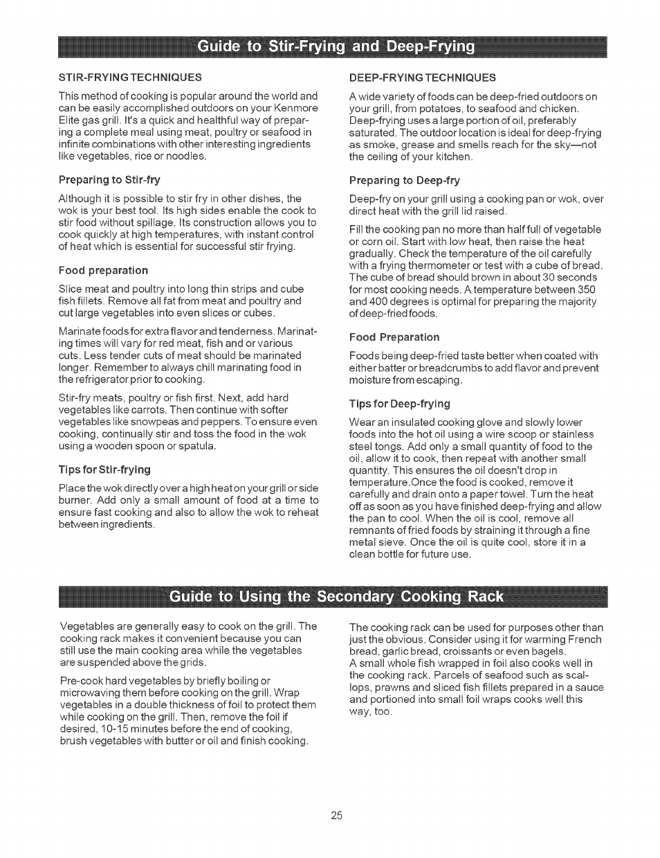 Guide to stir-frying and deep-frying, Guide to using the secondary cooking rac | Kenmore 141.1664 User Manual | Page 25 / 33