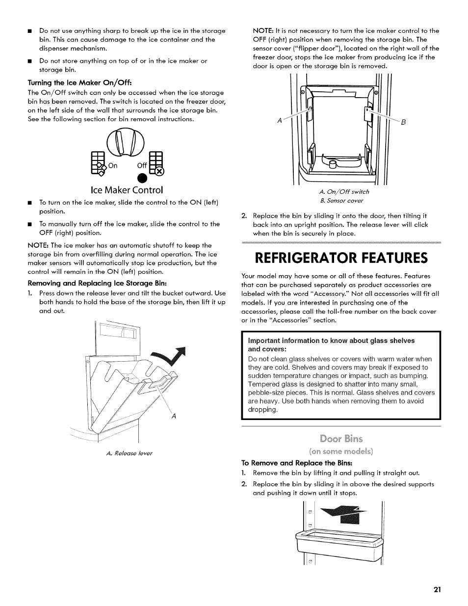 Ice maker control, Refrigerator features | Kenmore 106.511800 User Manual | Page 21 / 92