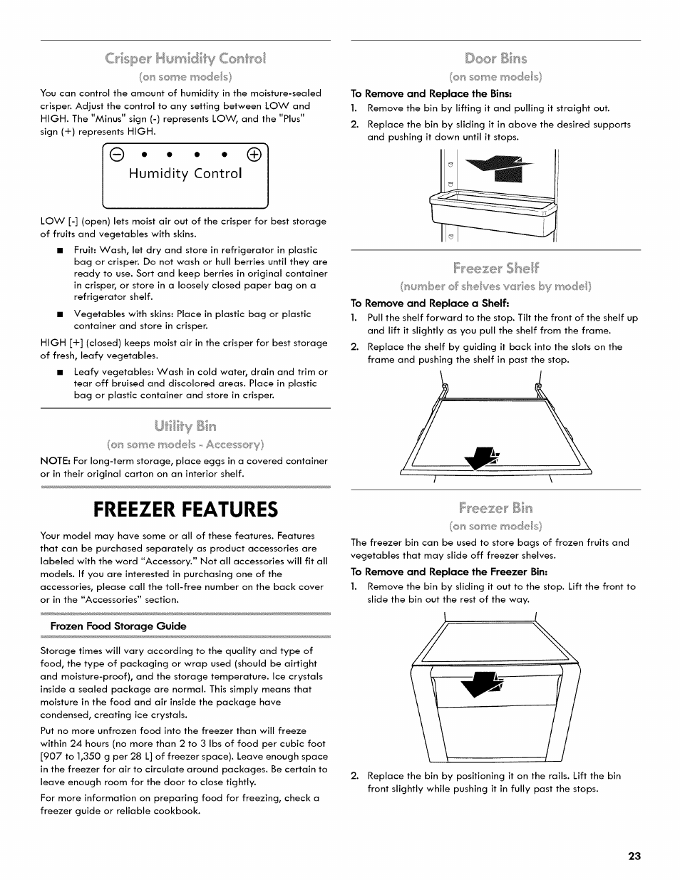 Freezer features, Humidity control | Kenmore 106.511800 User Manual | Page 23 / 92