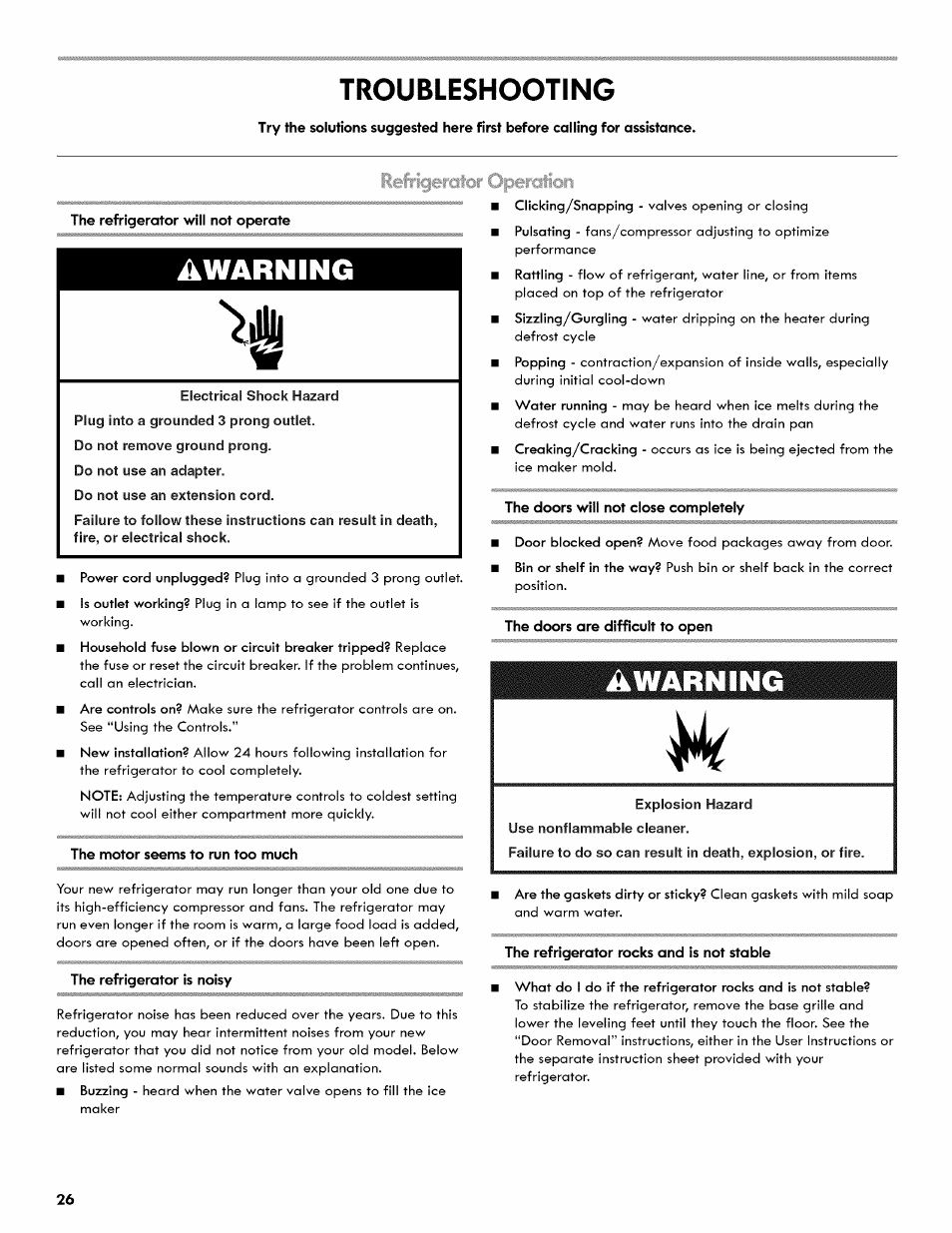 Troubleshooting, Warning, Awarning | Kenmore 106.511800 User Manual | Page 26 / 92