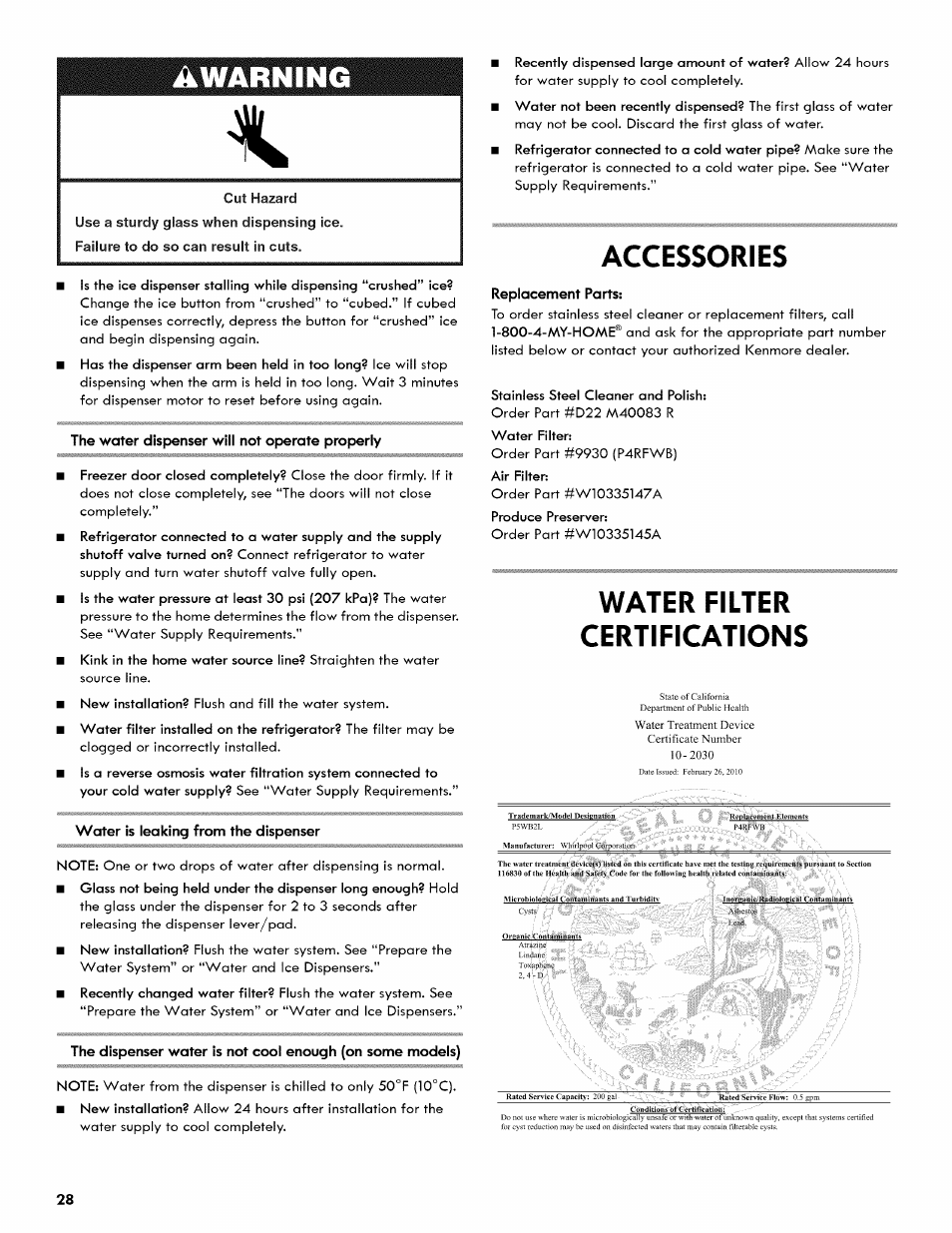 Accessories, Water filter certifications, A warning | Kenmore 106.511800 User Manual | Page 28 / 92