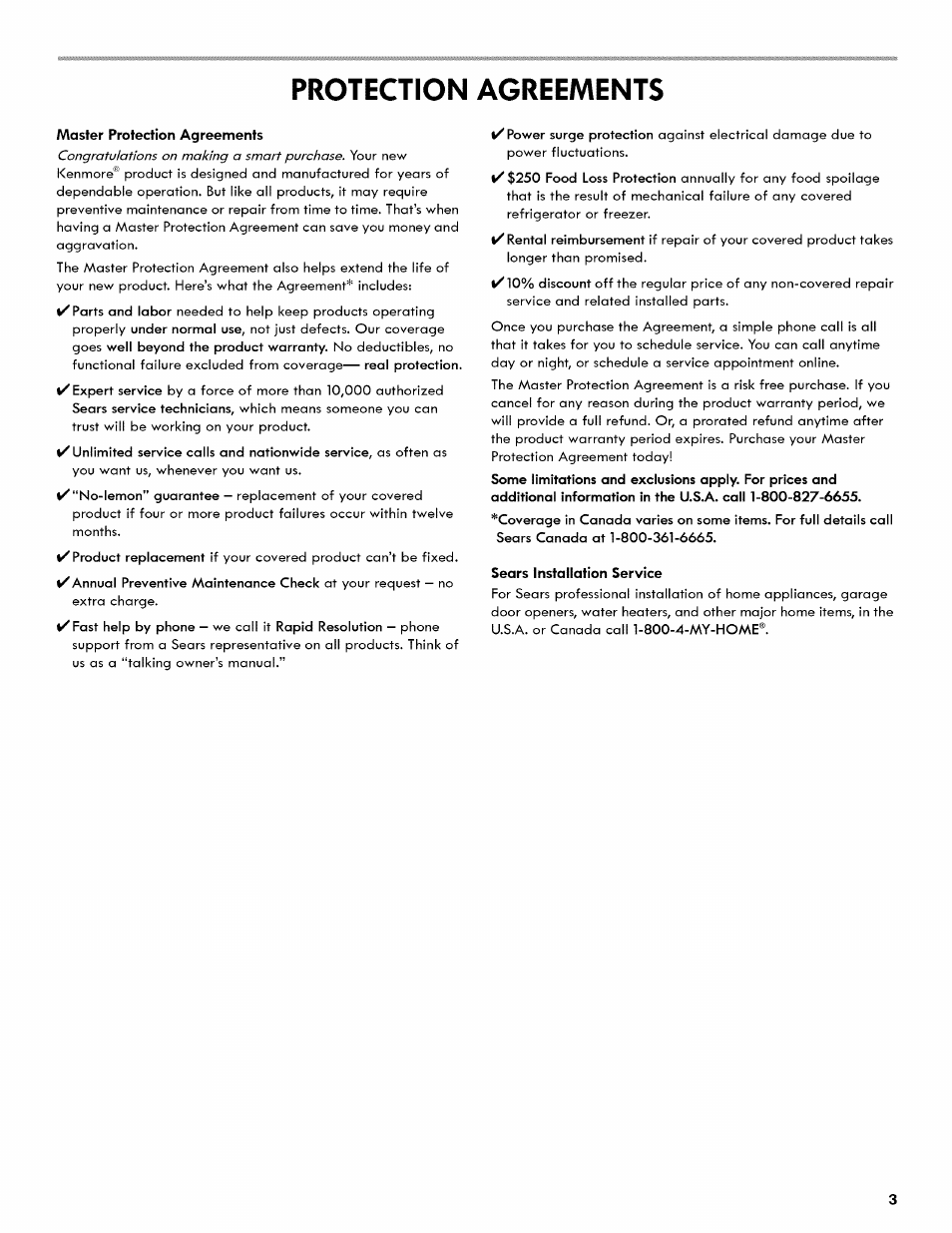 Protection agreements | Kenmore 106.511800 User Manual | Page 3 / 92