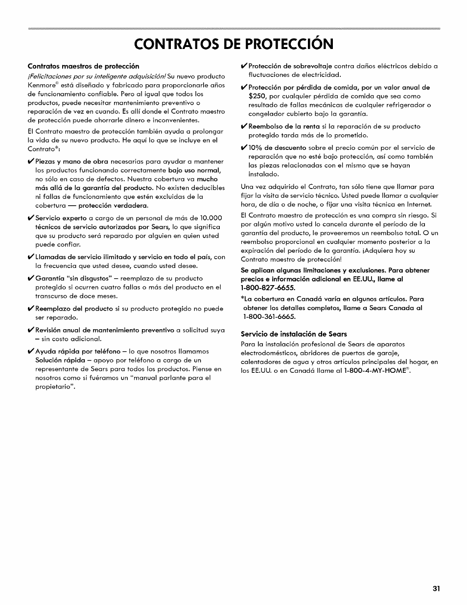 Contratos de proteccion | Kenmore 106.511800 User Manual | Page 31 / 92
